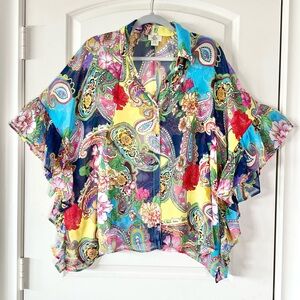 Turquoise Haven Brighly colored sheer button down blouse with ruffles